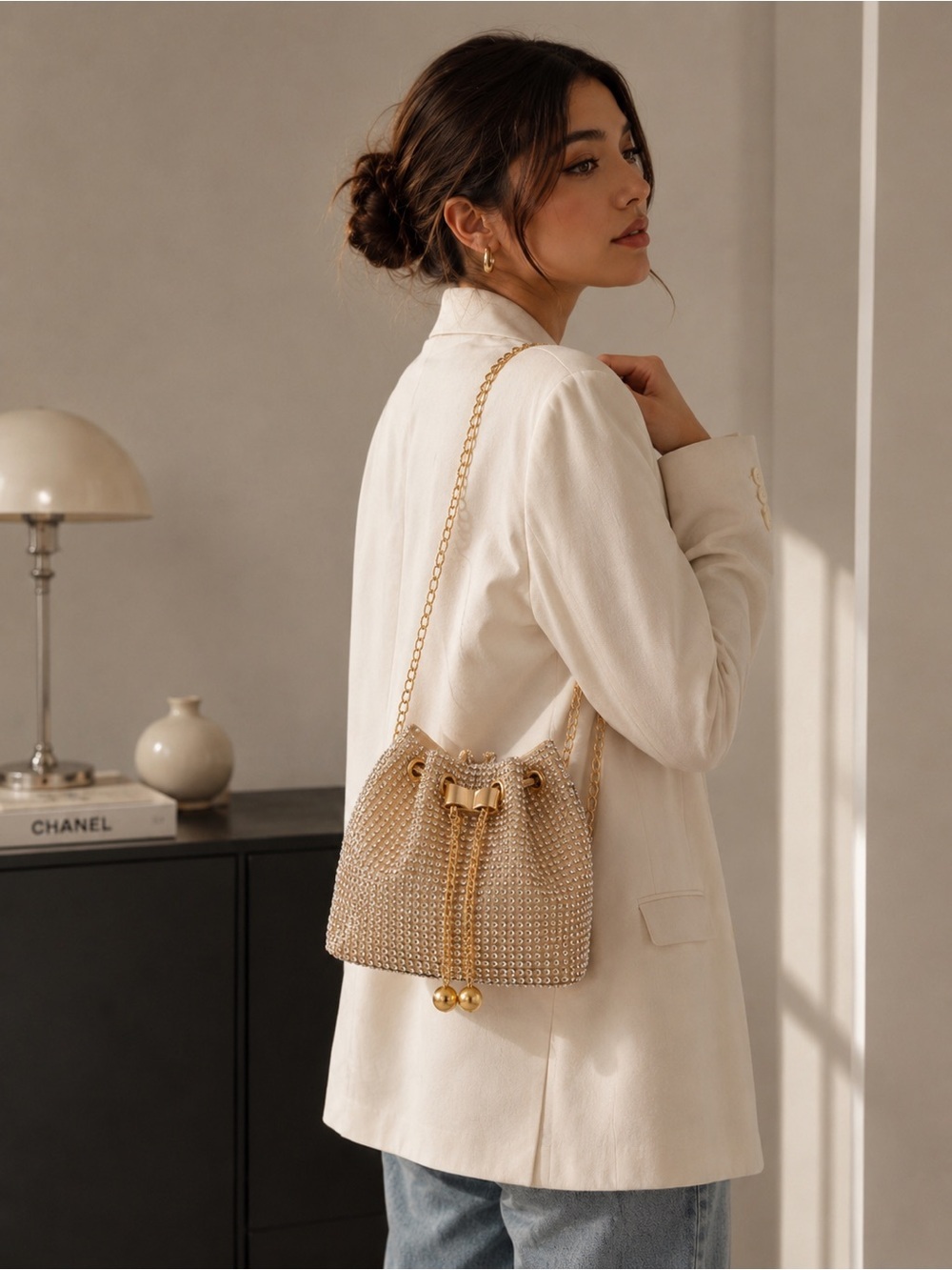 Sparkling Rhinestone Bucket Bag Gold Crystal Drawstring Crossbody Evening Purse